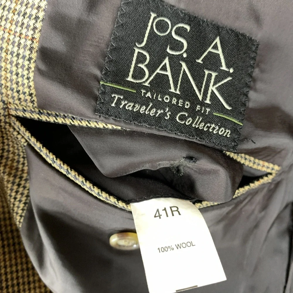 JoS A Bank Travelers‎ Blazer Men 41R 100% Wool Houndstooth Plaid Tan Sports Coat